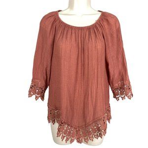 Womens Blue Mood Sz Small Terracotta 3/4 Sleeve Semi-Sheer Boho Top With Lace